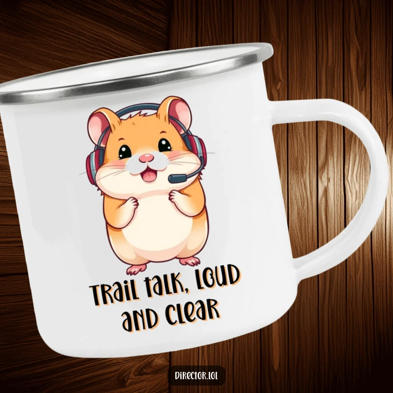 Funny camping mug featuring a determined hamster wearing a headset, ready for outdoor adventures and gaming.