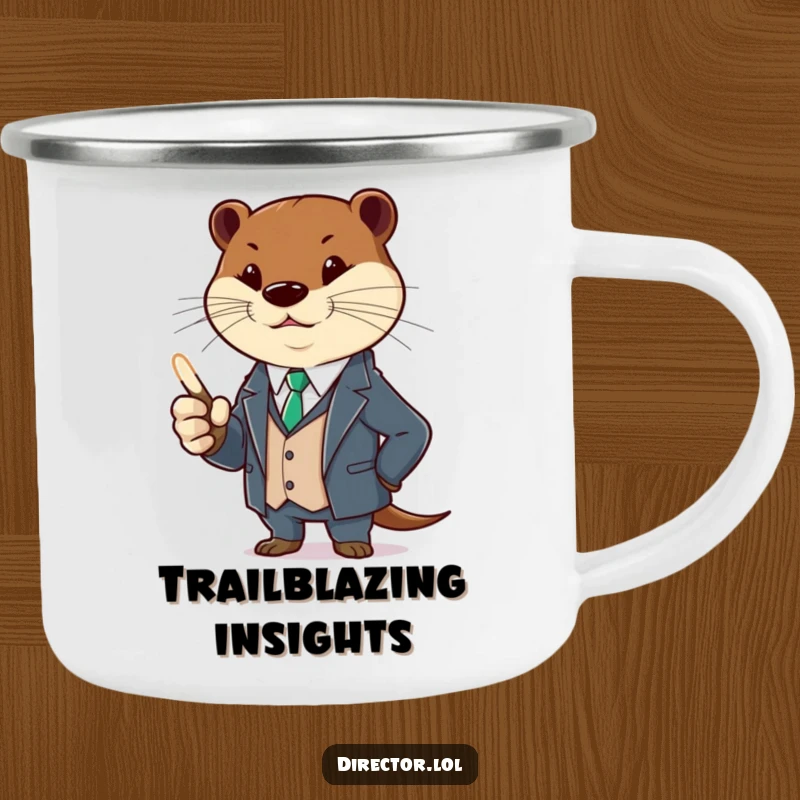 Funny otter in a suit, holding a glowing pointer, gesturing. A durable and humorous camping mug, funny gift.