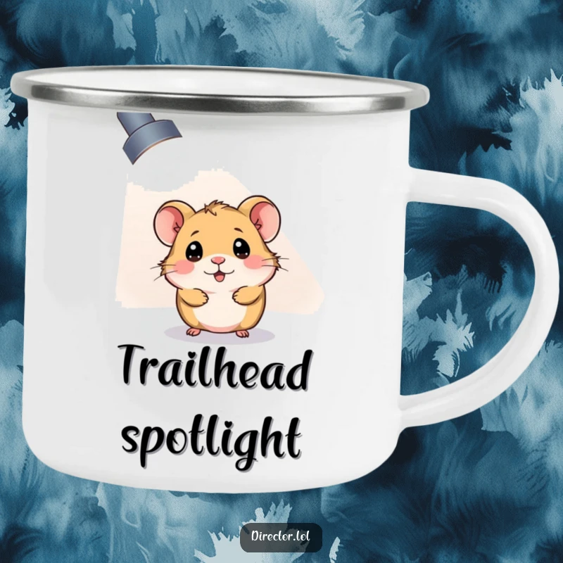 Funny Camping Mug: A curious hamster peeks from a giant spotlight, bringing funny star power to the outdoors.