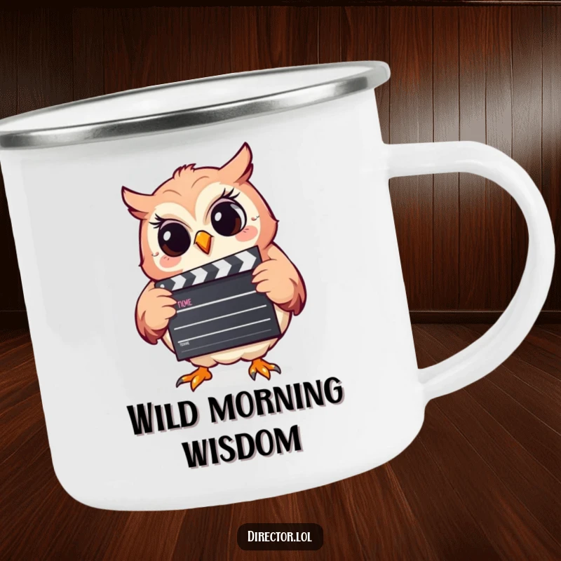 Funny camping mug featuring a giggling owl holding a clapperboard, ready for adventure and a good laugh around the campfire.