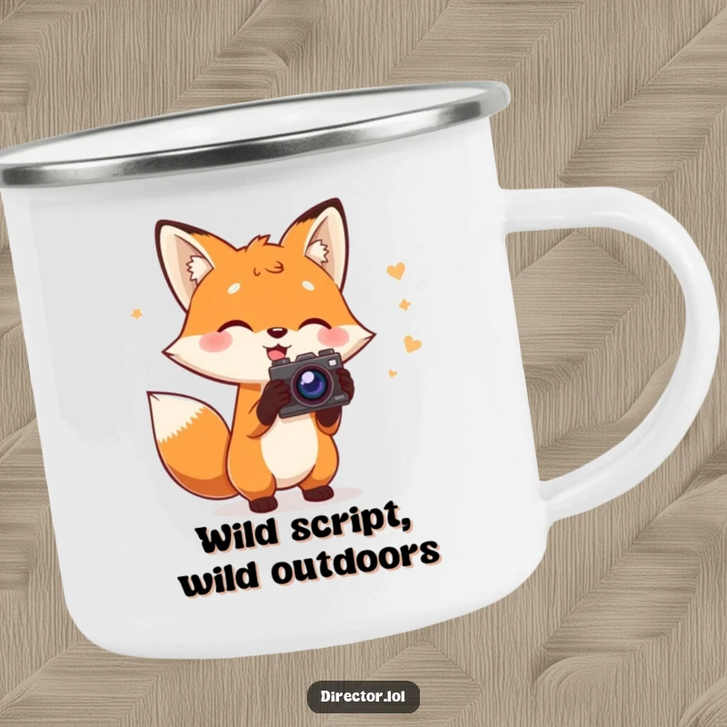 Funny Fox Director Camping Mug: Charming fox holding a script gestures with a prop camera, ready for outdoor adventures, a hardy funny gift.