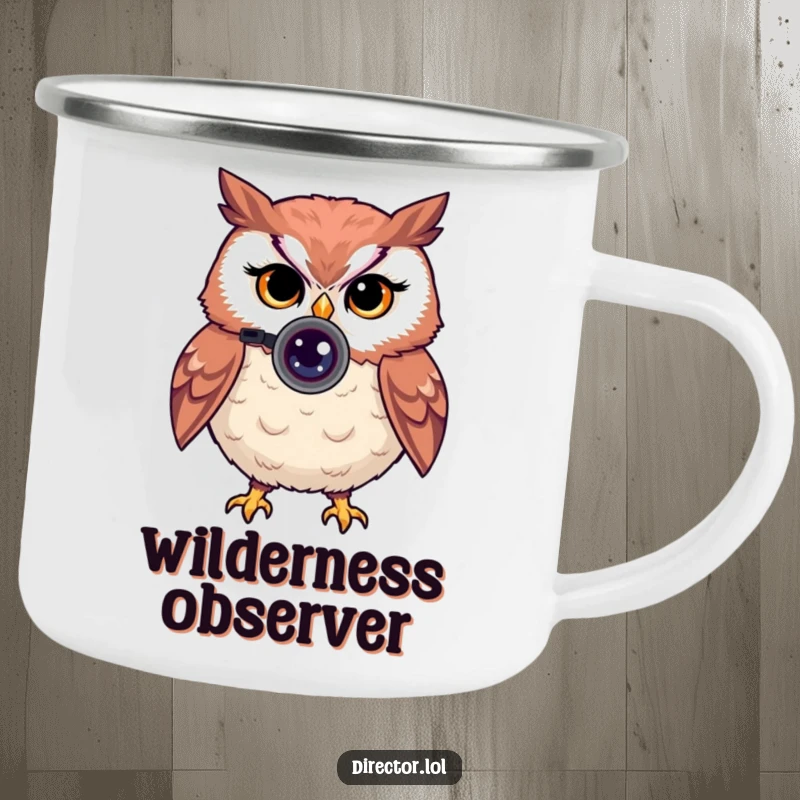 Funny camping mug with a proud owl peering through a tiny camera lens with a knowing wink, for outdoors.
