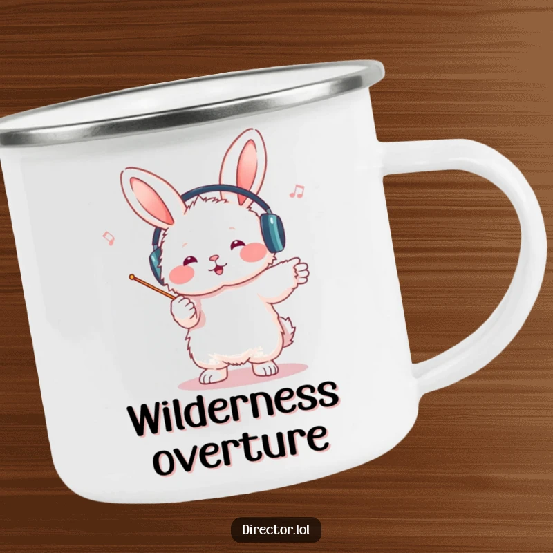 Funny bunny conductor camping mug, durable enamel, a fluffy bunny with headphones, conducting an invisible orchestra with a tiny baton, ready for adventure.