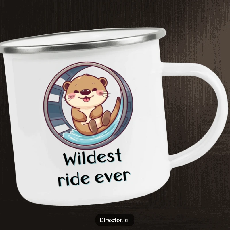 Funny camping mug with a happy otter enjoying a film reel ride, perfect for outdoor movie nights.