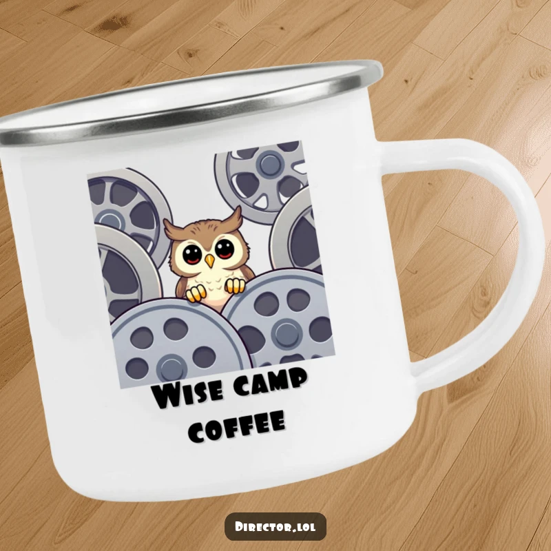 Funny Camping Mug featuring a happy, curious owl perched above film reels, ideal for enjoying beverages during outdoor cinematic storytelling.