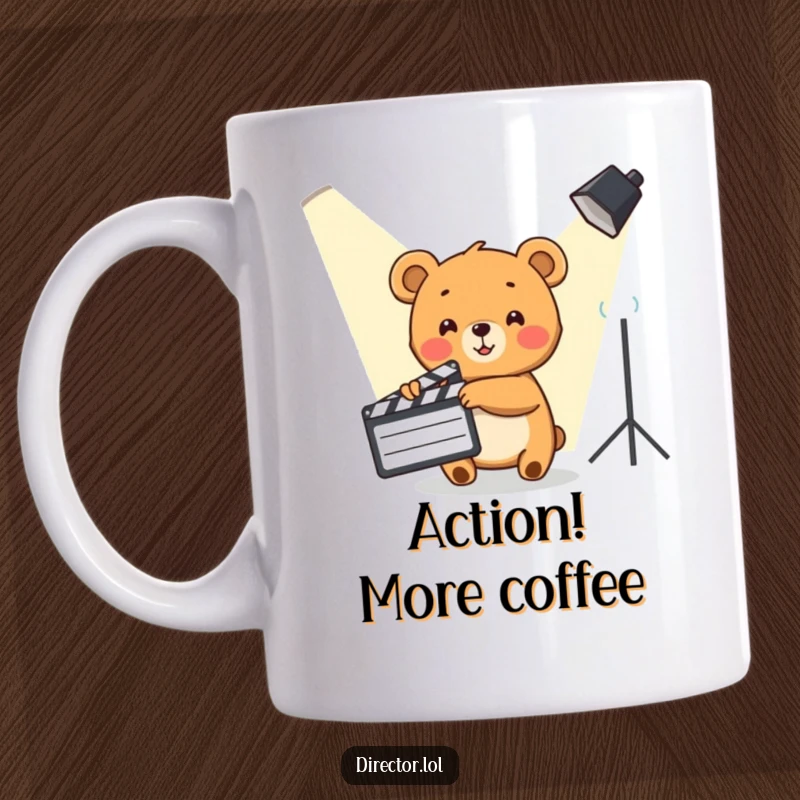 Funny Bear Cub Spotlight Mug: A cute bear cub enthusiastically points a clapboard towards a spotlight.