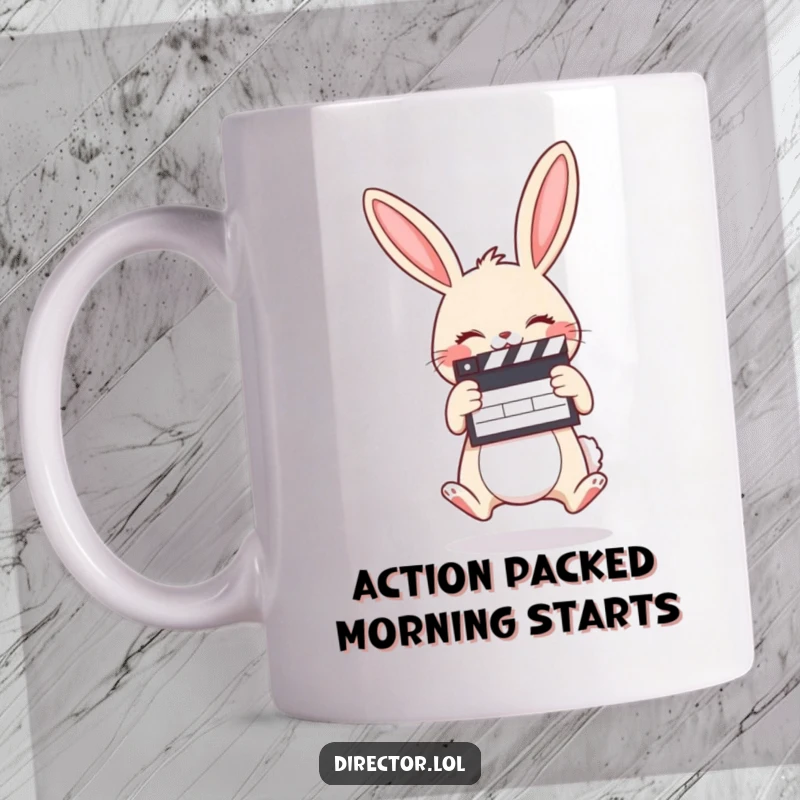 Funny mug featuring a giggling cartoon bunny joyfully jumping while holding a film clapboard, radiating excitement.