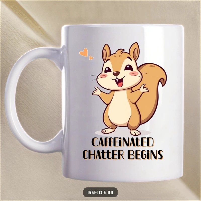 Funny mug showing a bouncing squirrel enthusiastically giving cues, full of vibrant energy and playful spirit.