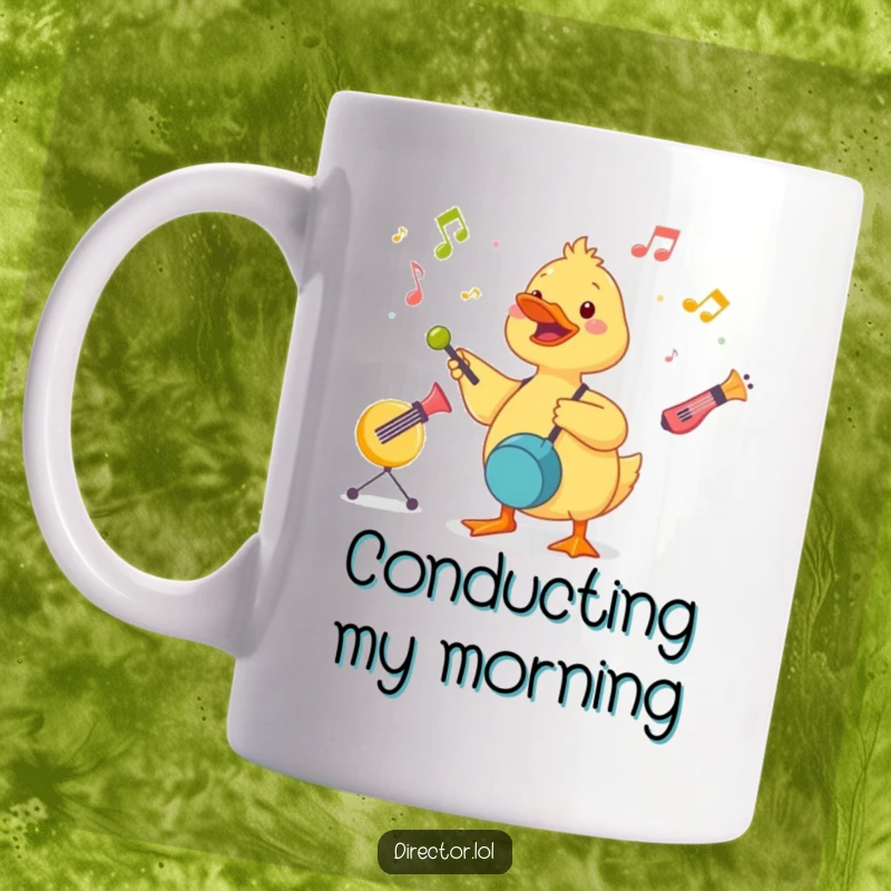 Funny Duckling Conductor Mug: A cute duckling energetically leads a symphony of toy instruments with great enthusiasm.