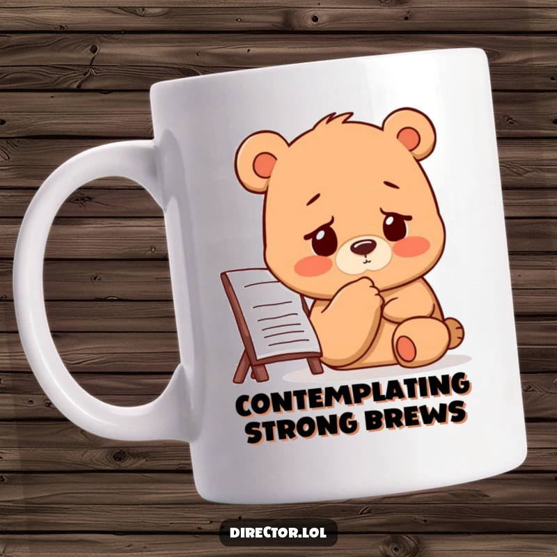 Funny Bear Director Mug: A thoughtful bear taps its chin with a furrowed brow while studying a storyboard.