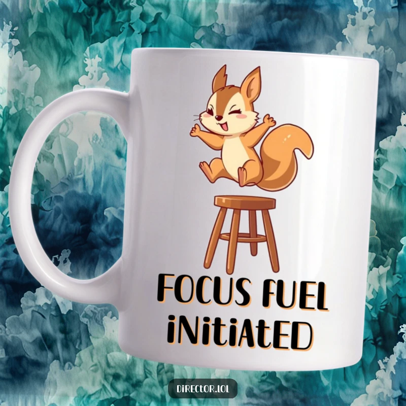 Funny Squirrel Mug: An energetic squirrel leaps onto a high stool with intense focus, symbolizing ambition and a quest for success.