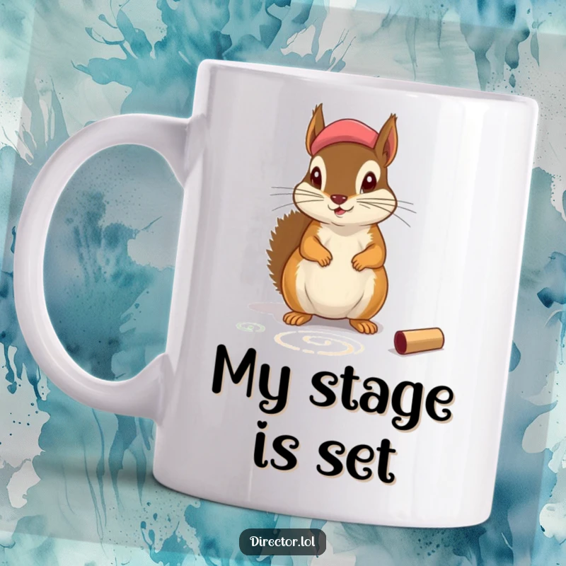 Funny Mug: Determined squirrel in a beret chalking stage marks, exuding artistic passion and humor.