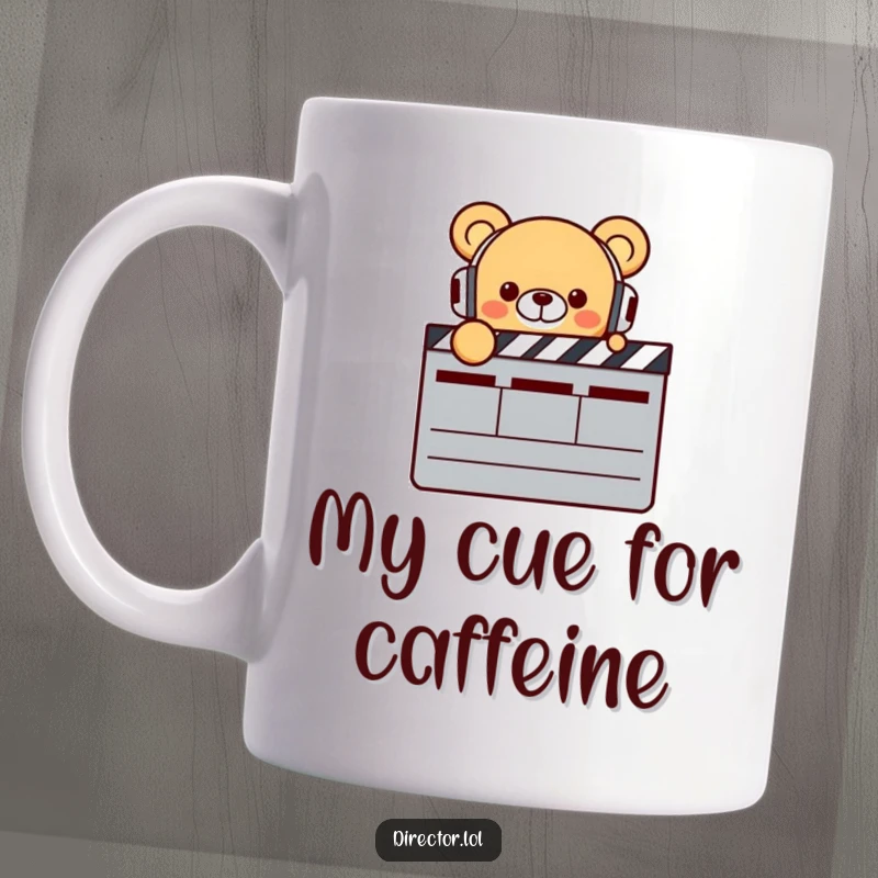 Funny Bear Director Mug: Tiny smiling bear with headphones excitedly pointing at a large clapperboard, ready to film, a humorous gift.