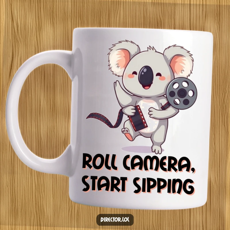Funny mug featuring a bouncing koala holding a film reel, striking a playful pose, ready for a movie marathon.