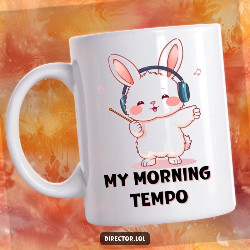 Funny bunny conductor mug, headphones on, enthusiastically leading an invisible orchestra with a tiny baton, radiating joy and musical passion.