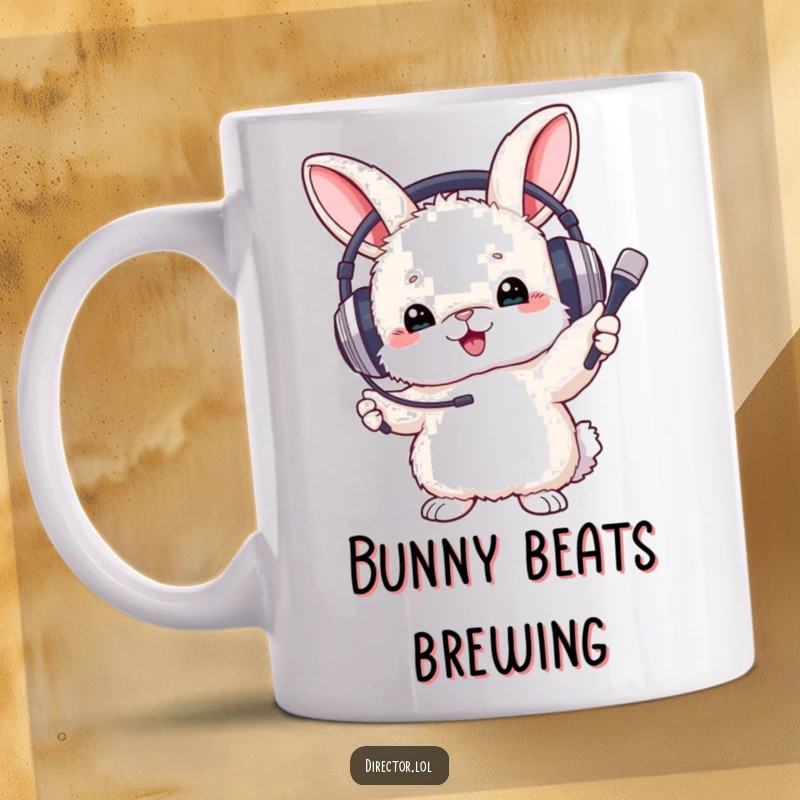 Funny Mug showing a fluffy bunny wearing oversized headphones, energetically waving a small baton like a conductor.