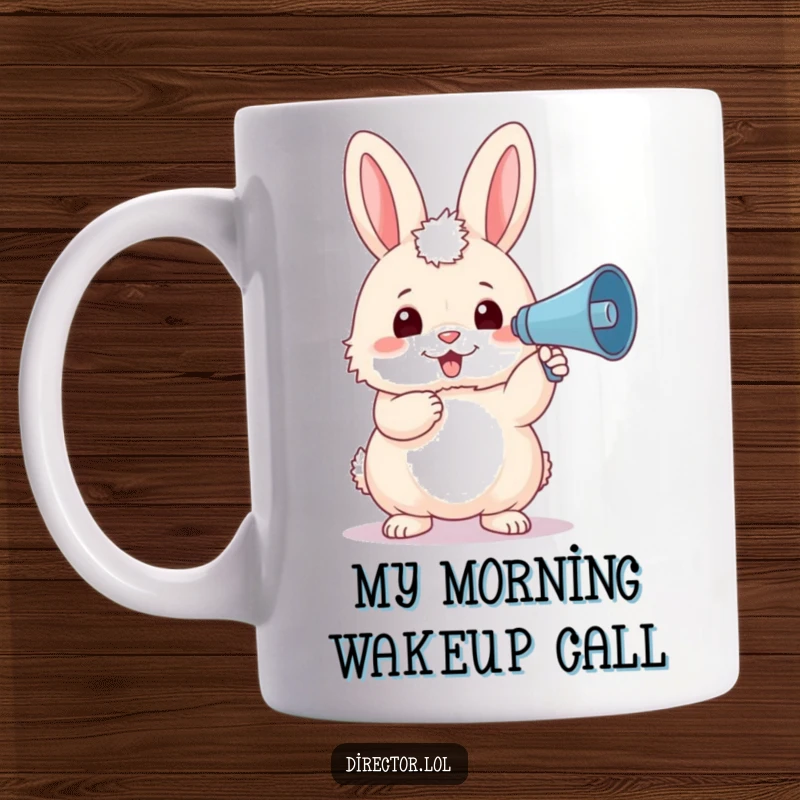 Funny bunny in a beret holding a tiny megaphone, enthusiastically cheering and announcing with a big smile on this cute mug.