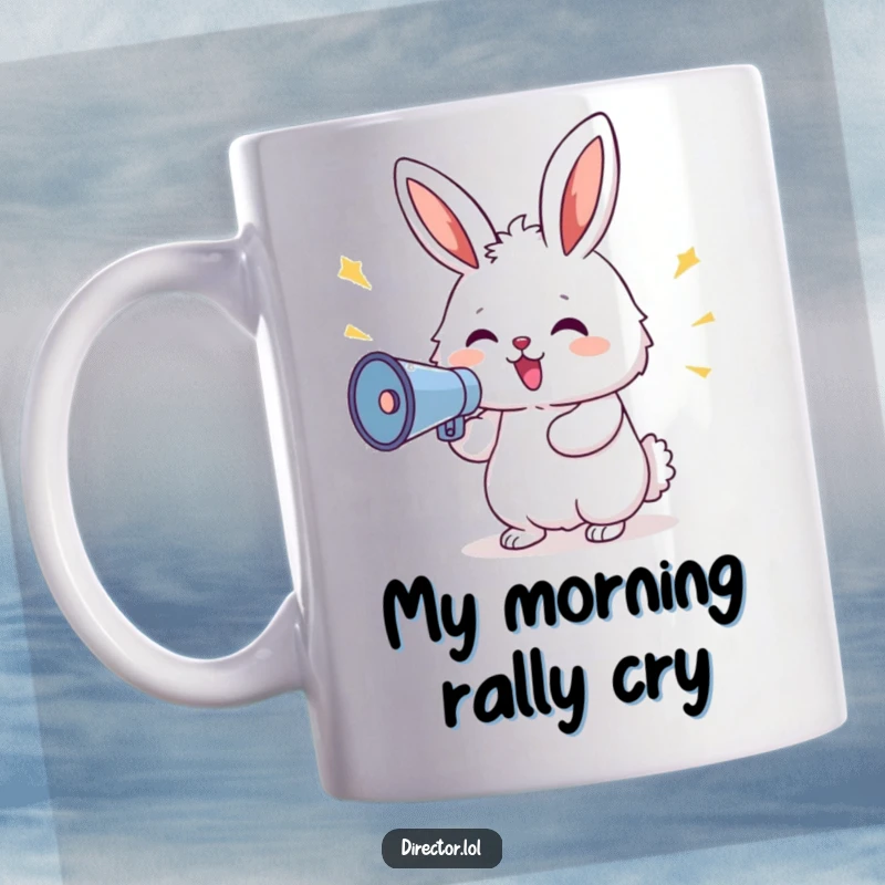 Funny Bunny Megaphone Mug: Fluffy delighted bunny shouting commands through a megaphone, conveying cheerful authority, a very funny gift.