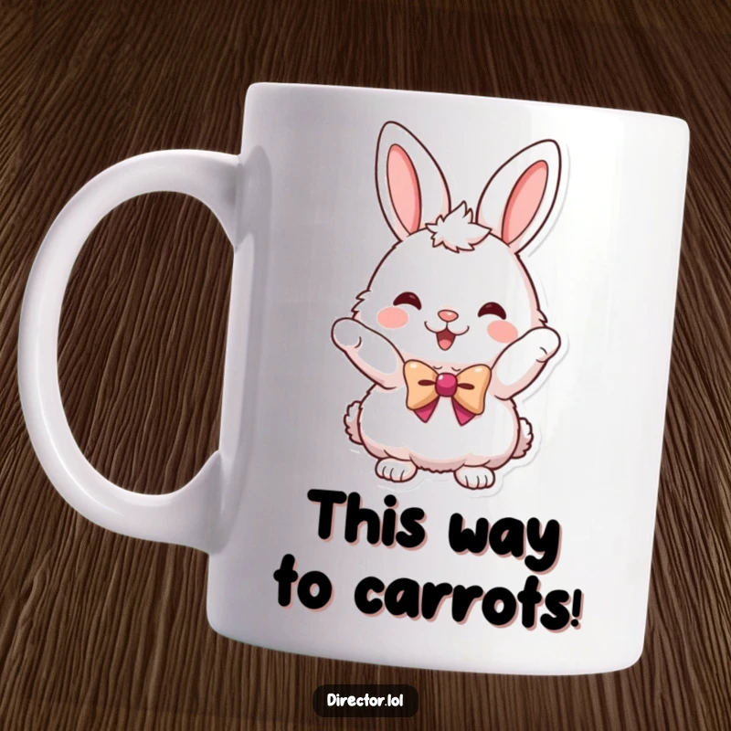 Funny mug featuring a fluffy bunny wearing a tiny bowtie, pointing excitedly with a cheerful expression.