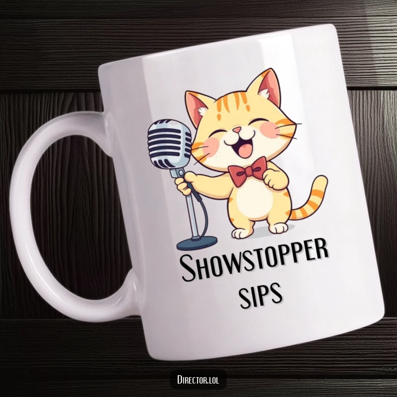 Funny cat microphone mug, a cat wearing a bowtie, joyfully sweeping a large ornate microphone, ready to sing with comedic passion.