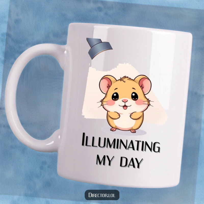 Funny Mug: Curious hamster peeking from behind a giant, brightly lit spotlight, embodying playful stardom humor.
