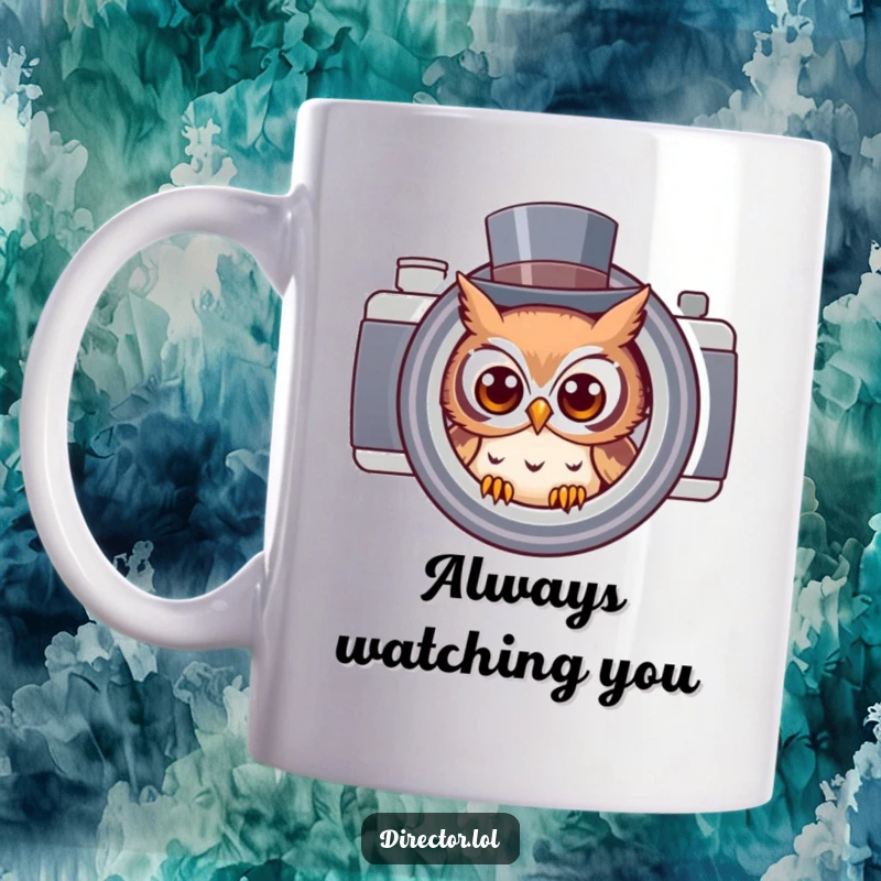 Funny owl in a top hat peeking through a camera lens, a whimsical character ready to capture memorable moments with a smile.