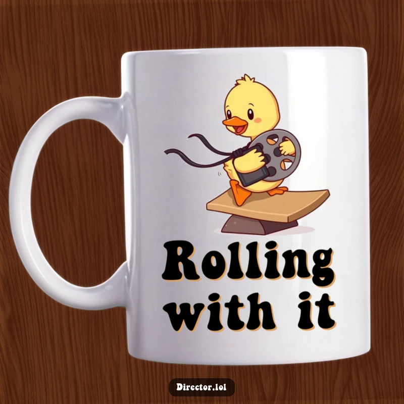 Funny determined duckling sliding down a ramp, clutching a film reel, embodying a passion for cinema with a cute, humorous vibe.