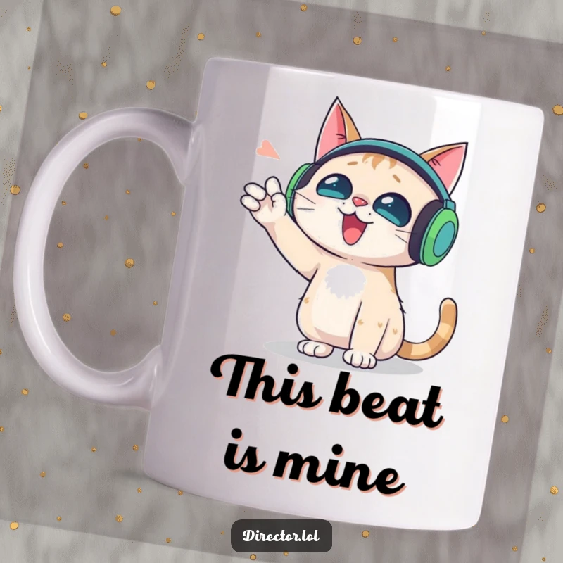 Funny mug featuring a cat wearing oversized headphones, gesturing wildly, embodying a passionate music lover.