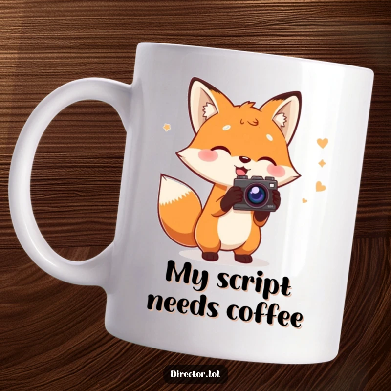 Funny Fox Director Mug: Charming fox holding a script, gesturing wildly with a prop camera, embodying creative energy, a funny gift.