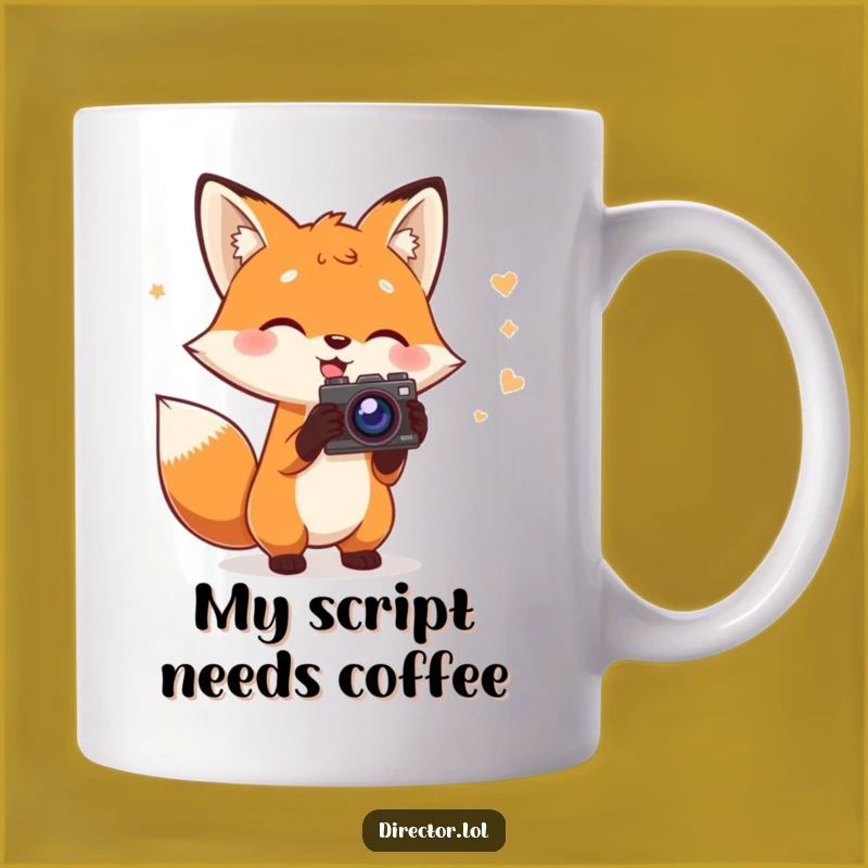 Funny Fox Director Mug: Charming Fox with Script & Camera, Hilarious Filmmaker Gift Mug