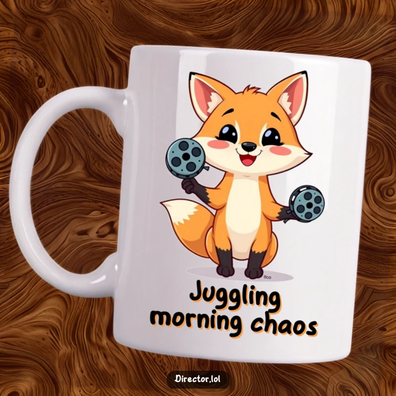 Funny mug: a playful fox with a mischievous smile expertly juggles three small film reels, showcasing cinematic fun and dexterity.