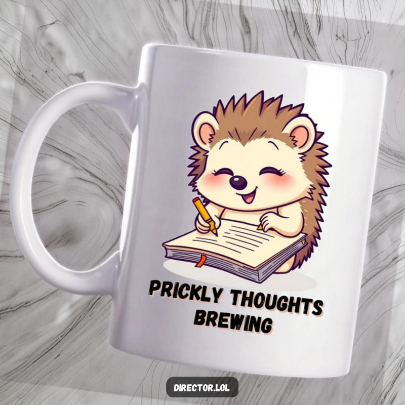 Funny giggling hedgehog intensely scribbling notes on a giant yellow notepad, a cute and humorous mug for busy thinkers.