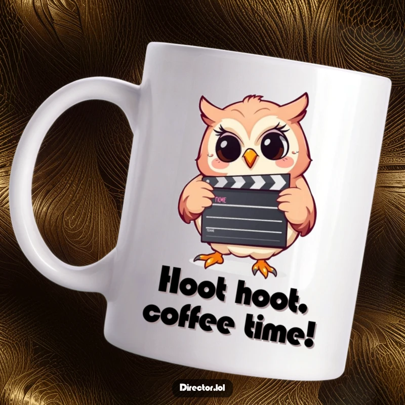 Funny mug featuring a giggling owl executive holding a clapperboard, ready to shout action with a wide, joyful smile.