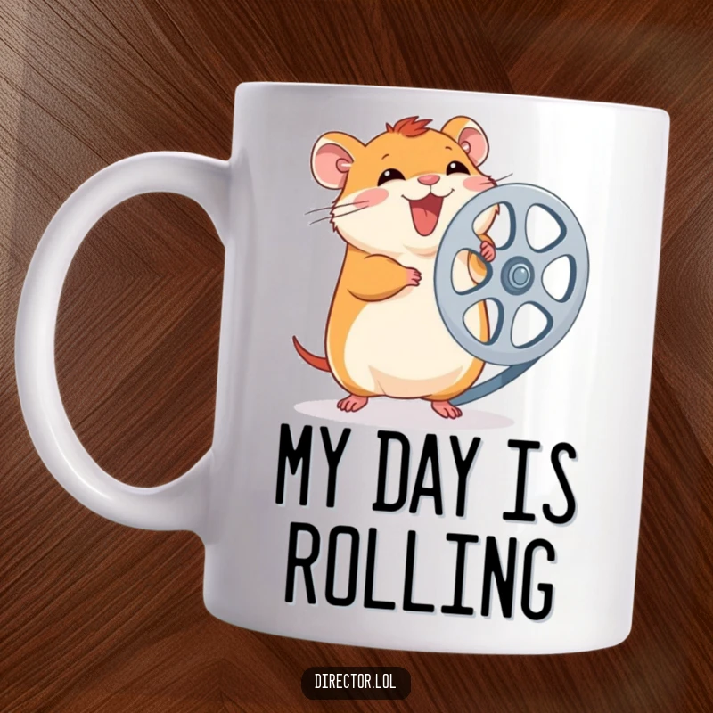 Funny Hamster Film Reel Mug: Giggling hamster spins a large film reel with infectious excitement, celebrating the magic of movies, a funny gift.