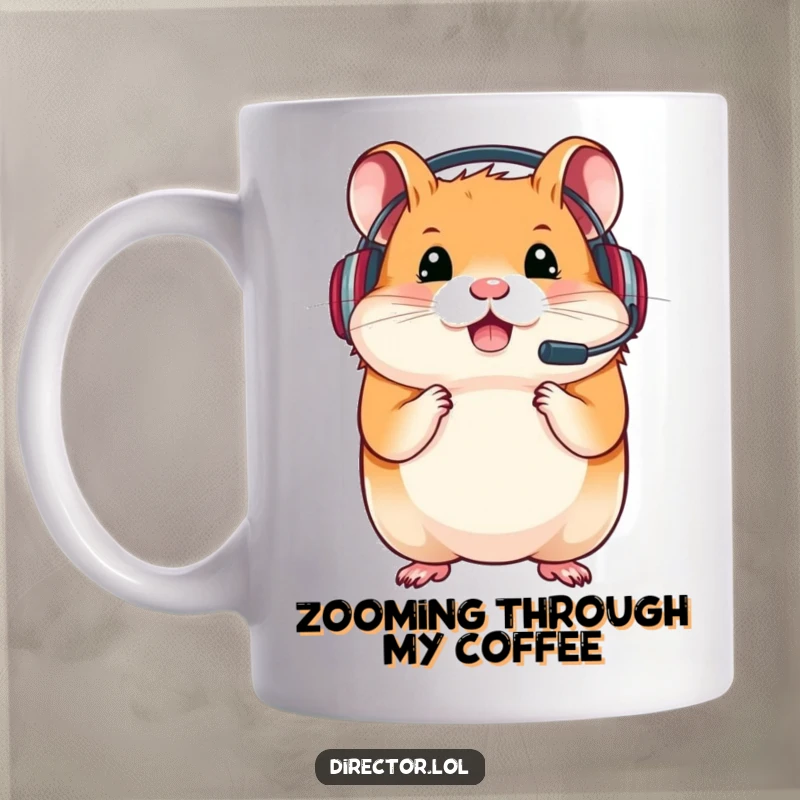 Funny mug showing a determined hamster wearing a headset, focused and ready for intense gaming action.