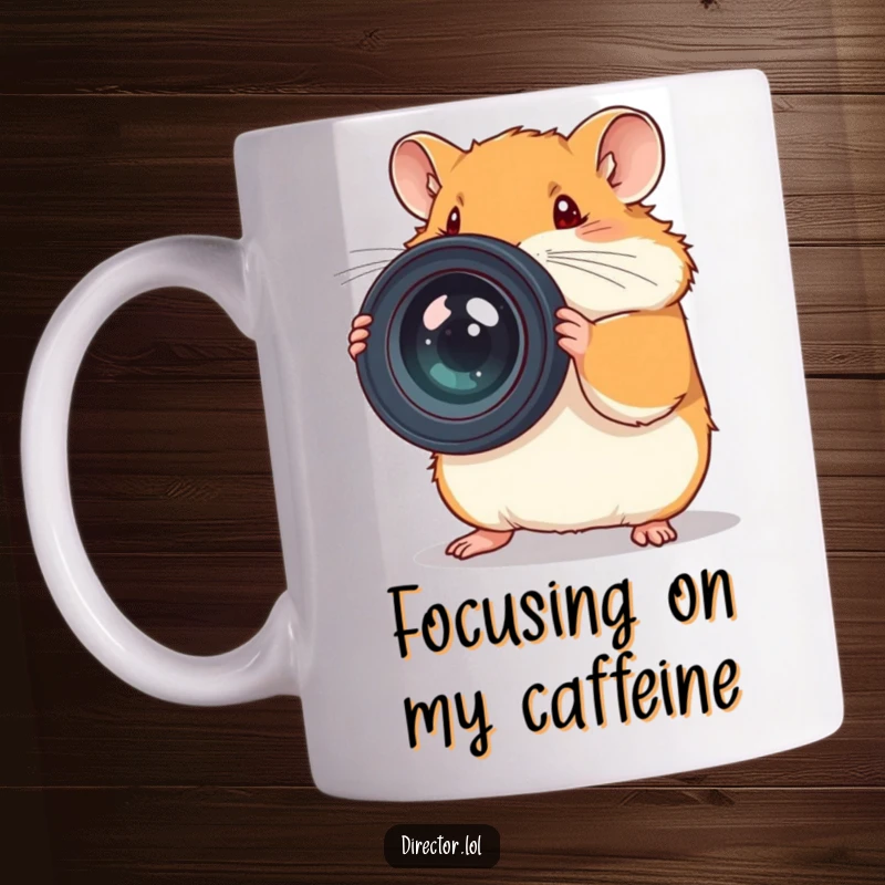 Funny mug showing a tiny hamster concentrating hard on adjusting a massive camera lens.
