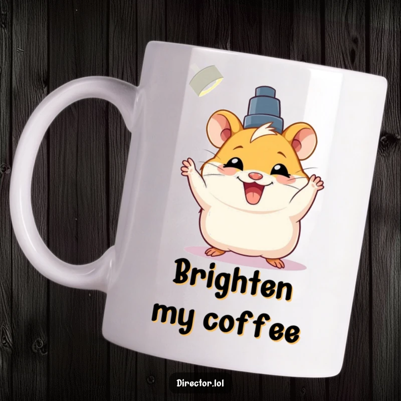 Funny mug featuring a joyful hamster enthusiastically adjusting a spotlight with a bright grin, ready for the show.