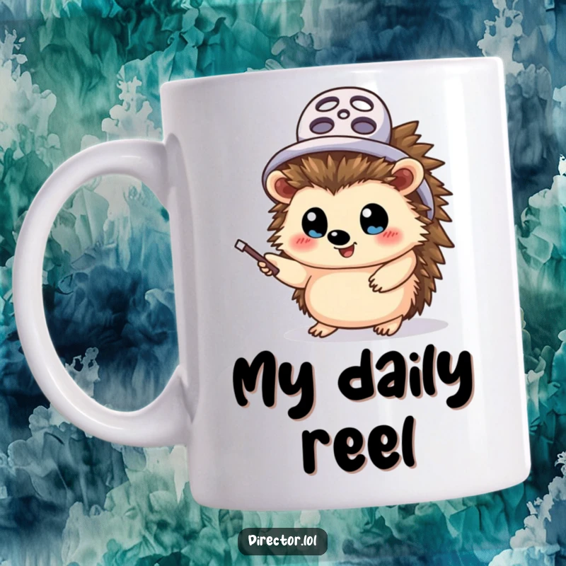 Funny hedgehog director mug, a cheerful hedgehog wearing a tiny film reel hat, enthusiastically waving a pointer stick with wide, excited eyes.