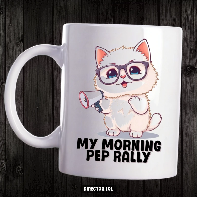 Funny mug: A fluffy white kitten wearing oversized glasses enthusiastically waves a tiny megaphone, spreading cheer and adorable energy.