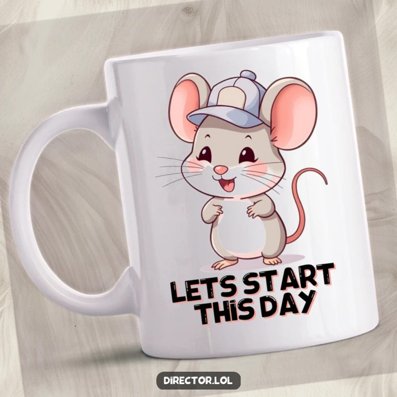 Funny mouse in a tiny cap, winking and enthusiastically gesturing to cue an imaginary scene. A delightful, humorous mug.