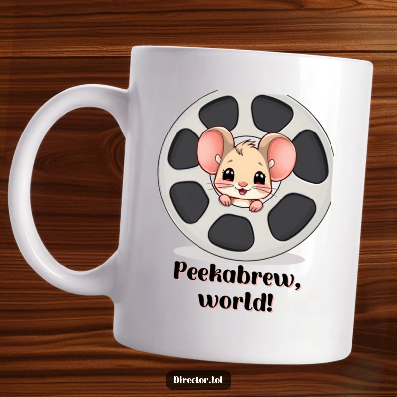 Funny mouse film reel mug, a curious cartoon mouse peeking out from behind a giant film reel, eyes wide with excitement and wonder.