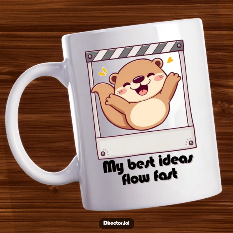Funny Mug: Cheerful otter gleefully sliding down a storyboard frame, celebrating cinematic joy, perfect for a filmmaker's gift.
