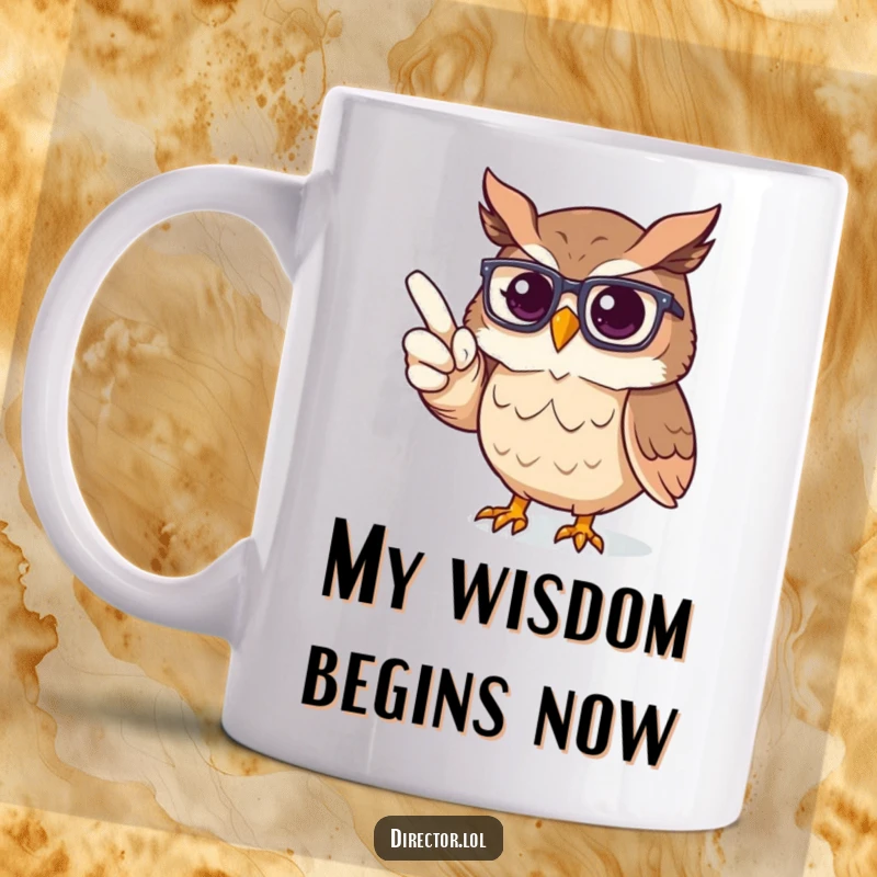 Funny Mug: Proud owl wearing glasses points assertively at an imaginary stage, embodying directorial authority.