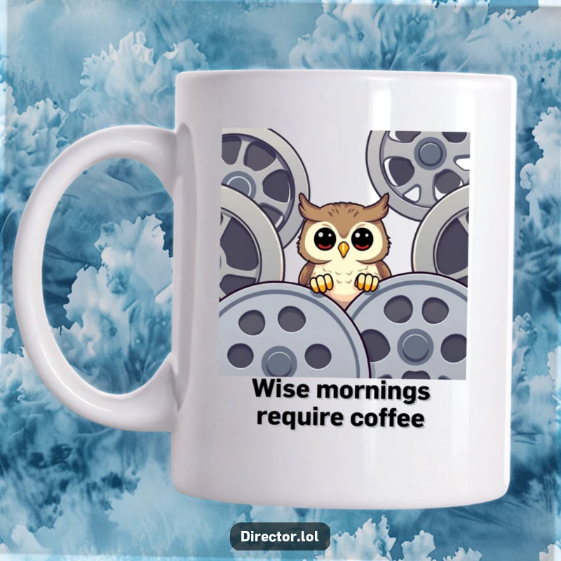 Funny Mug featuring a happy owl peeking curiously over giant film reels, embodying a love for movies and a touch of playful intrigue.