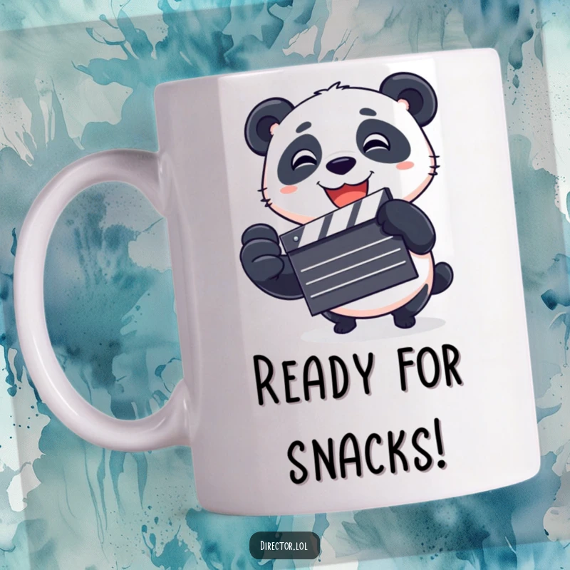 Funny Mug featuring a playful panda spinning a clapboard with an excited grin, ready to kick off a fun-filled day of cinematic chaos.
