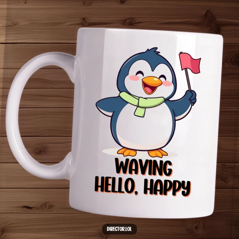 Funny Penguin Mug: A goofy penguin with a huge smile joyfully waves a tiny flag, radiating happiness and friendliness.