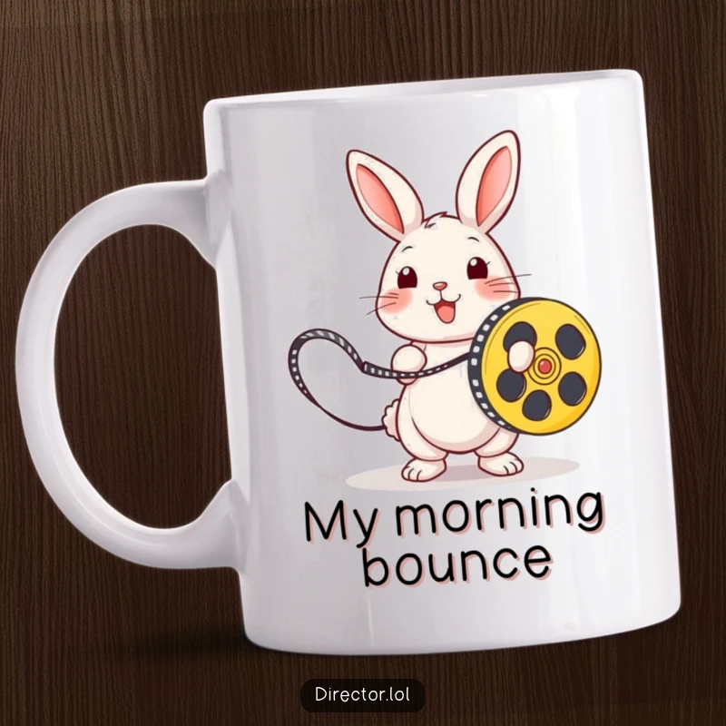 Funny playful rabbit twirling a film reel like a skipping rope, conveying energetic movie production fun.