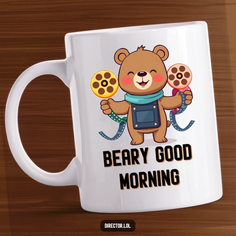 Funny smiling bear character gleefully juggling three colorful film reels, a joyous and humorous mug for entertainment lovers.