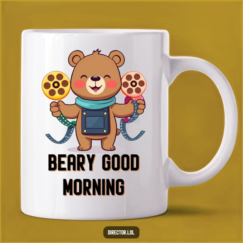 Funny Smiling Bear Juggling Mug: Joyful Film Reel Gift for Movie Fans