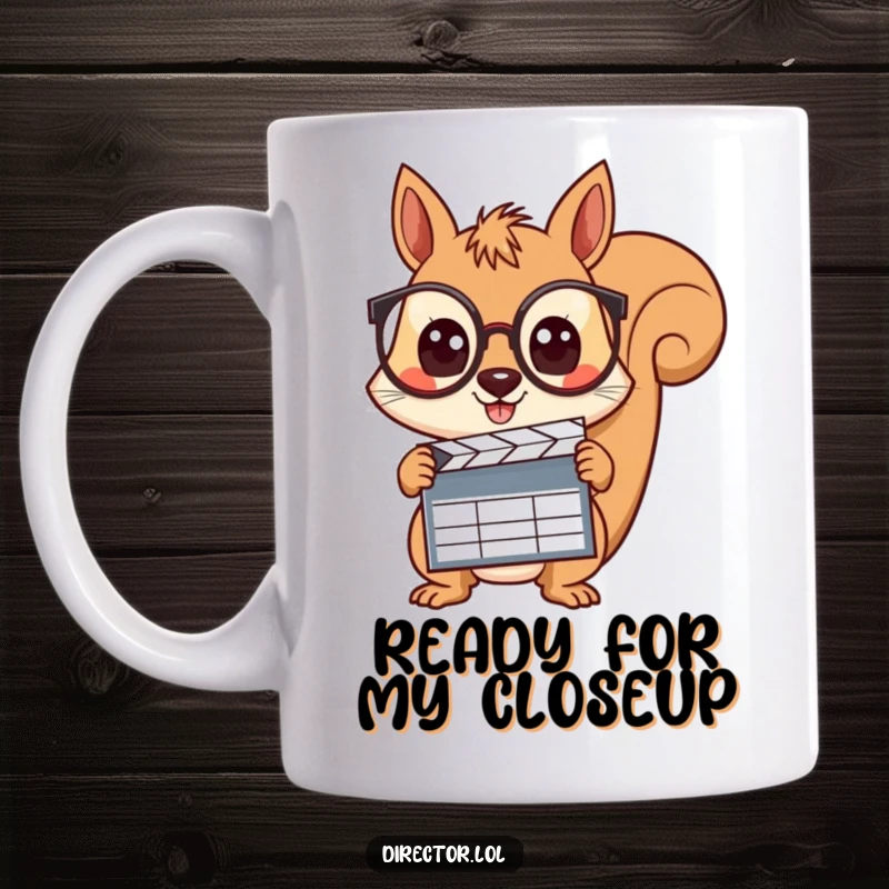 Funny cheerful squirrel wearing spectacles, holding a clapboard with wide curious eyes, ready to film on this humorous coffee mug.